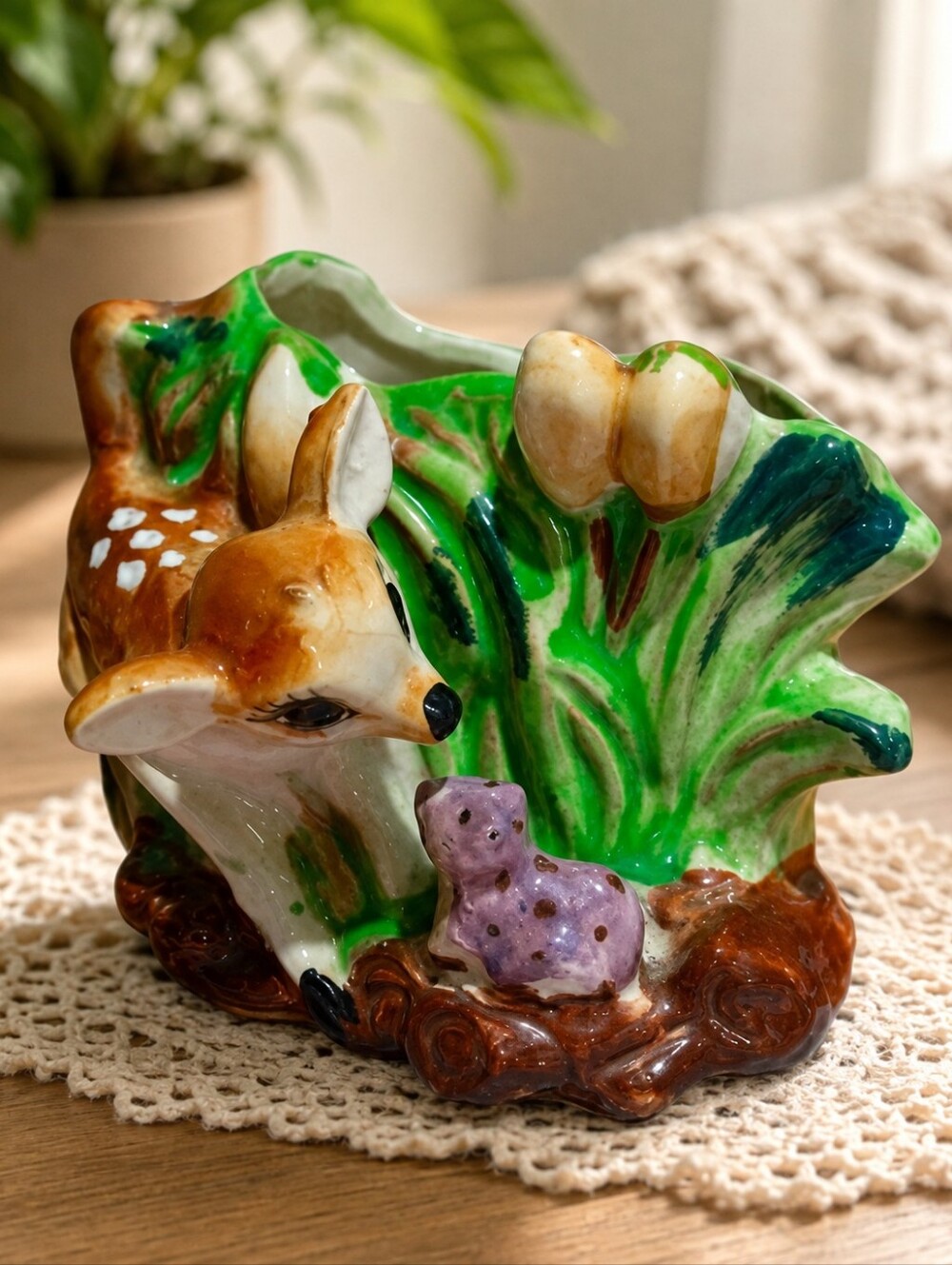 Ceramic Deer and Fawn Figurine - Green and Brown